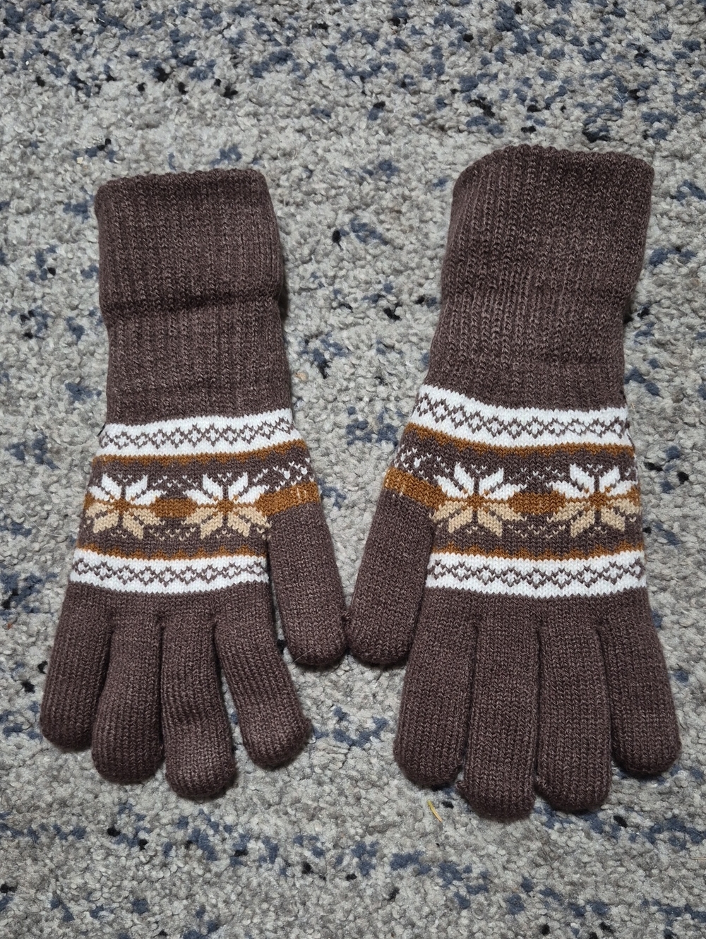 Source Unknown Brown Fair Isle Knit Gloves with White & Mustard Accents